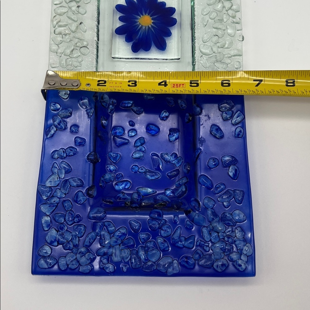 Fused Glass Art Tray Serving Platter with Pebble Finish and Blue Daisy Design - Picture 8 of 8
